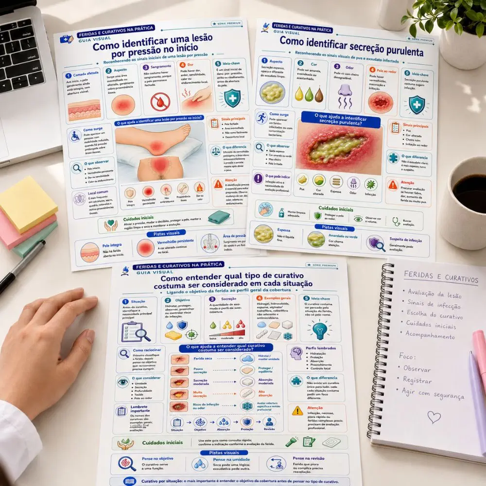 Guias visuais de feridas e curativos organizados em mesa de estudo